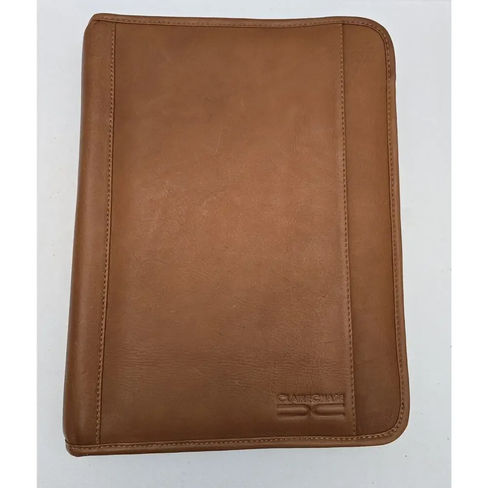 Claire Chase Zippered Leather Document Holder Notebook Folio Tan 12.75